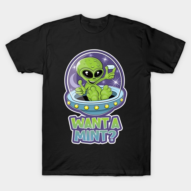 Cute alien in a flying saucer offering mints design T-Shirt by RobiMerch